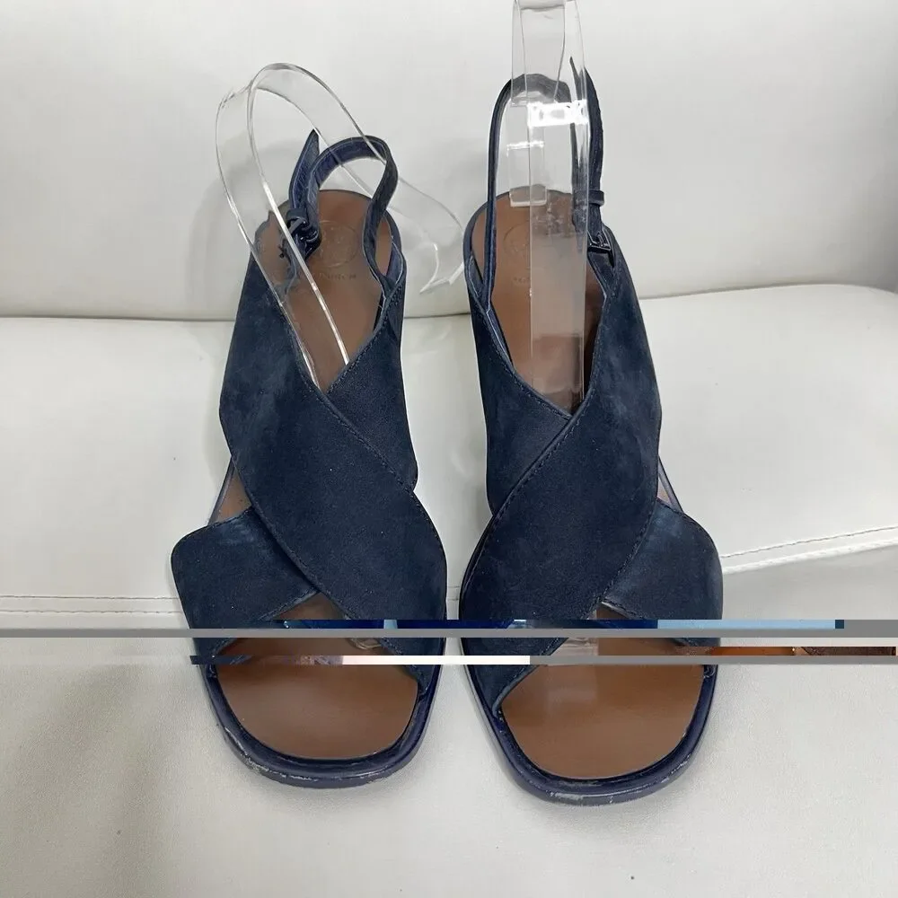 Tory Burch Slingback Wedge Sandals 7.5 Blue Suede Gabrielle Quiet Luxury Shoes